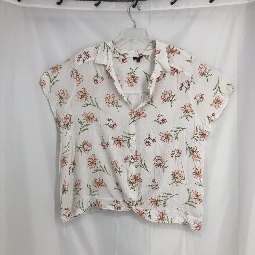 Torrid Womens Plus Size 5 White Pink Floral Scoop Button-Up Blouse Short Sleeve